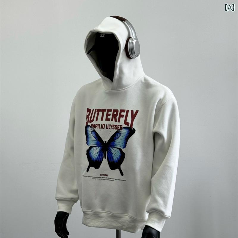秋冬 コーデ メンズ 服 シンプル ファッション オシャレ 大人 かっこいい 大きいサイズ ストリート 紳士服 アメリカン ストリート ブルー バタフライ プリント レター フード付き スウェットシャツ W 9