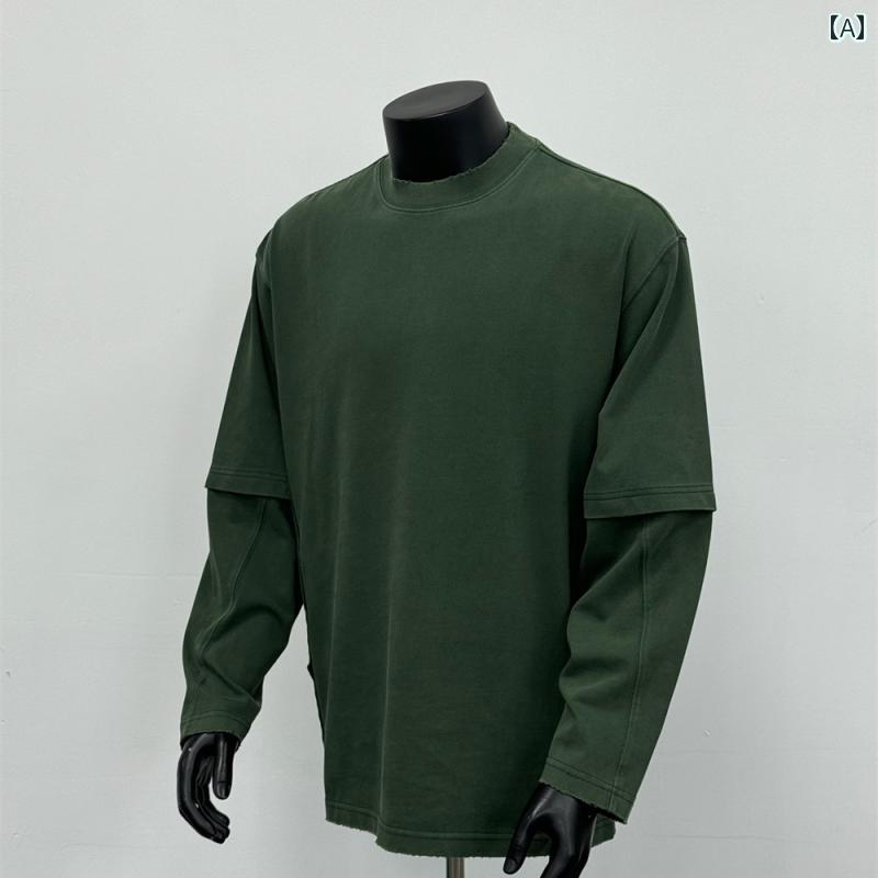 秋冬 コーデ メンズ 服 シンプル ファッション オシャレ 大人 かっこいい 大きいサイズ ストリート 紳士服 アメリカン ソリッドカラー ウォッシュ バック レター フェイク ツーピース 長袖 T シャツ ダーク グリーン CX