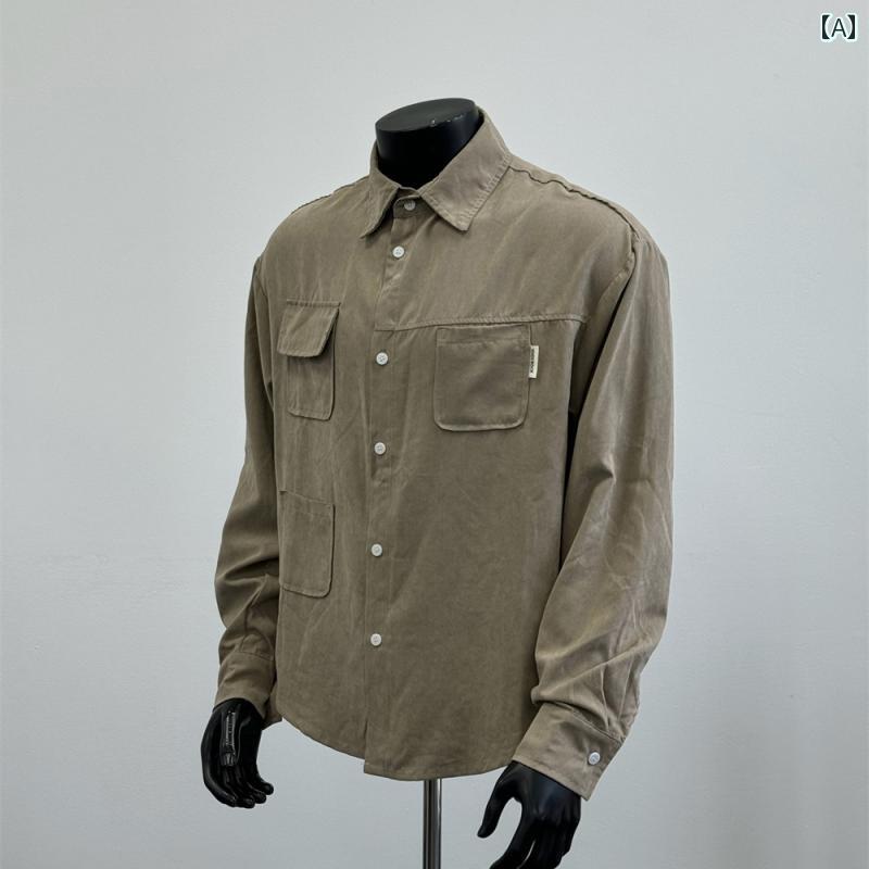 秋冬 コーデ メンズ 服 シンプル ファッション オシャレ 大人 かっこいい 大きいサイズ ストリート 紳士服 アメリカン レトロ マルチ ポケット ワークウェア 長袖 シャツ カジュアル ライトブラウン ジャケット CS 37