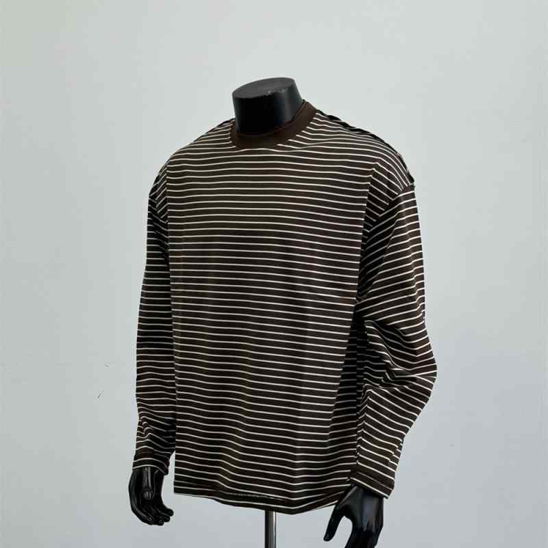 秋冬 コーデ メンズ 服 シンプル ファッション オシャレ 大人 かっこいい 大きいサイズ ストリート 紳士服 アメリカン 無地 ストライプ 長袖 T シャツ ゆったり ブラウン トップス CX 12