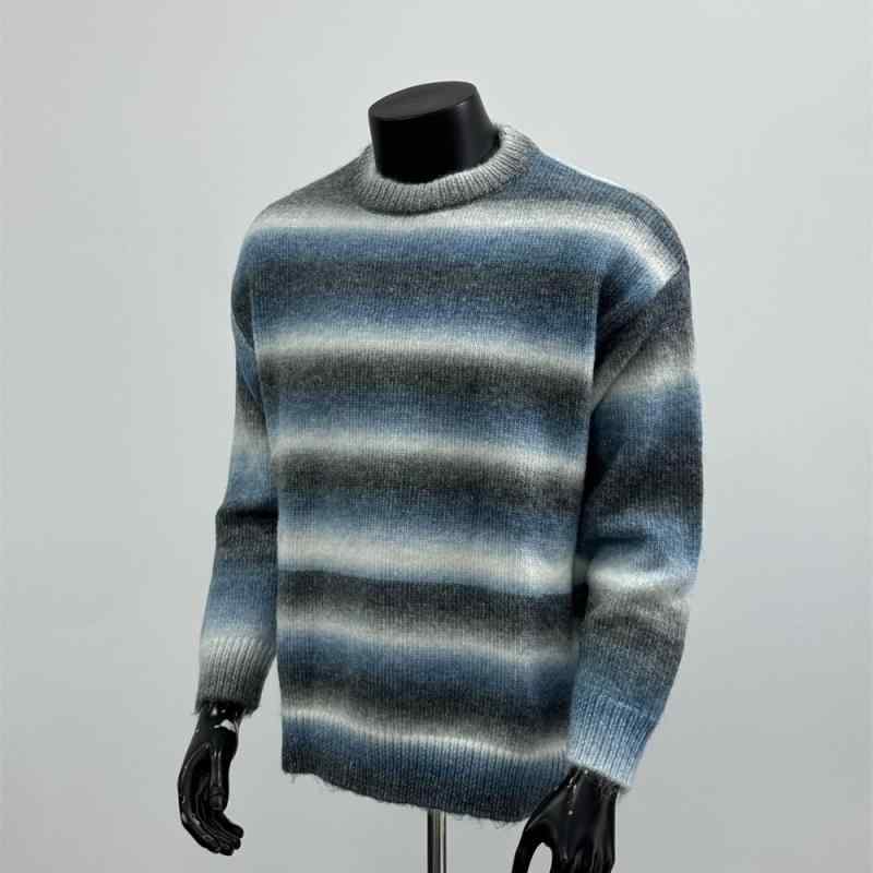 秋冬 コーデ メンズ 服 シンプル ファッション オシャレ 大人 かっこいい 大きいサイズ ストリート 紳士服 レトロ グラデーション ストライプ ラウンドネック セーター ブルー M