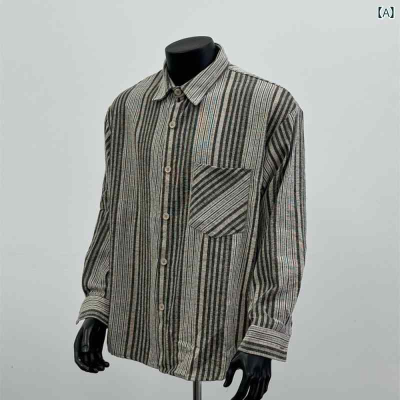 秋冬 コーデ メンズ 服 シンプル ファッション オシャレ 大人 かっこいい 大きいサイズ ストリート 紳士服 アメリカン レトロ シンプル 縦 ストライプ 長袖 シャツ カジュアル グレー ストライプ CS