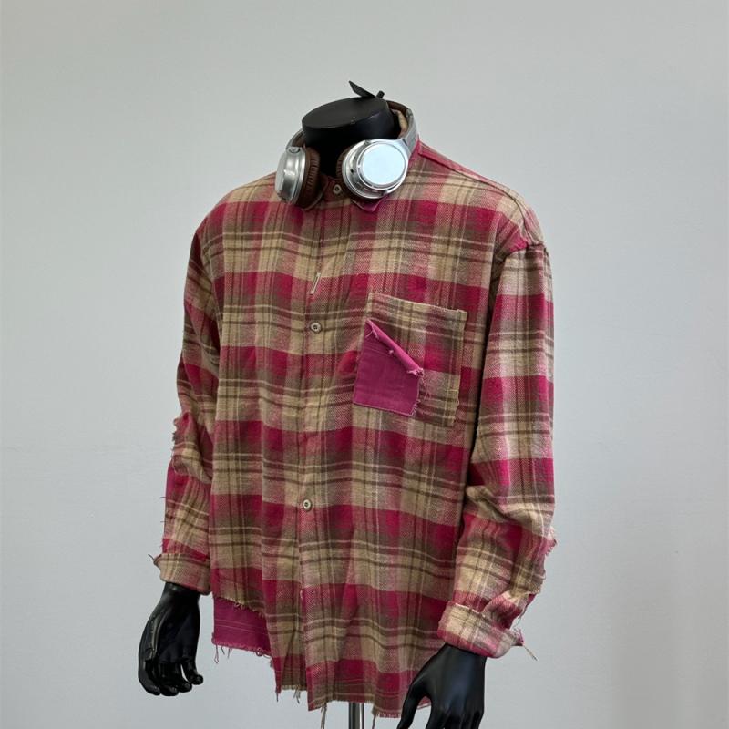 秋冬 コーデ メンズ 服 シンプル ファッション オシャレ 大人 かっこいい 大きいサイズ ストリート 紳士服 アメリカン レトロ チェック柄 長袖 シャツ タッセル ジャケット レッド CS 4