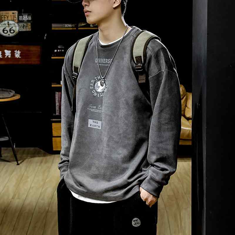 秋冬 コーデ メンズ 服 シンプル ファッション オシャレ 大人 かっこいい 大きいサイズ ストリート 紳士服 レトロ ヘビー スエード 長袖 T シャツ ラウンドネック ベルベット