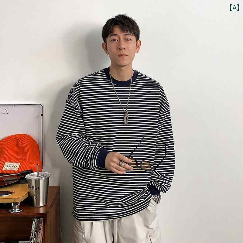 秋冬 コーデ メンズ 服 シンプル ファッション オシャレ 大人 かっこいい 大きいサイズ ストリート 紳士服 アメリカン ヘビー 綿 長袖 T シャツ カジュアル ストライプシャツ