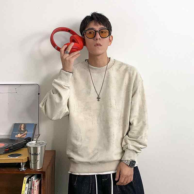 秋冬 コーデ メンズ 服 シンプル ファッション オシャレ 大人 かっこいい 大きいサイズ ストリート 紳士服 アメリカン ストリート ダメージ加工 ラウンドネック スウェットシャツ ゆったり 快適 シンプル ジャケット