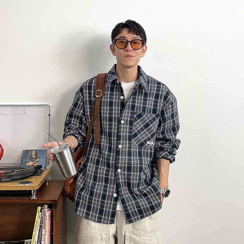 秋冬 コーデ メンズ 服 シンプル ファッション オシャレ 大人 かっこいい 大きいサイズ ストリート 紳士服 アメカジ カラー ブロック チェック柄 シャツ 長袖 ジャケット トップス