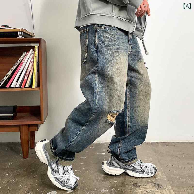 秋冬 コーデ メンズ 服 シンプル ファッション オシャレ 大人 かっこいい 大きいサイズ ストリート 紳士服 ウォッシュ加工 ジーンズ ストレート パンツ