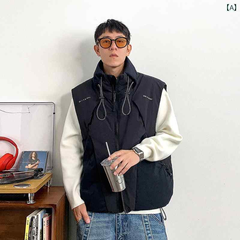 秋冬 コーデ メンズ 服 シンプル ファッション オシャレ 大人 かっこいい 大きいサイズ ストリート 紳士服 カラー ブロック スタンドカラー ダウン ベスト 暖かい ノー スリーブ ベスト ジャケット