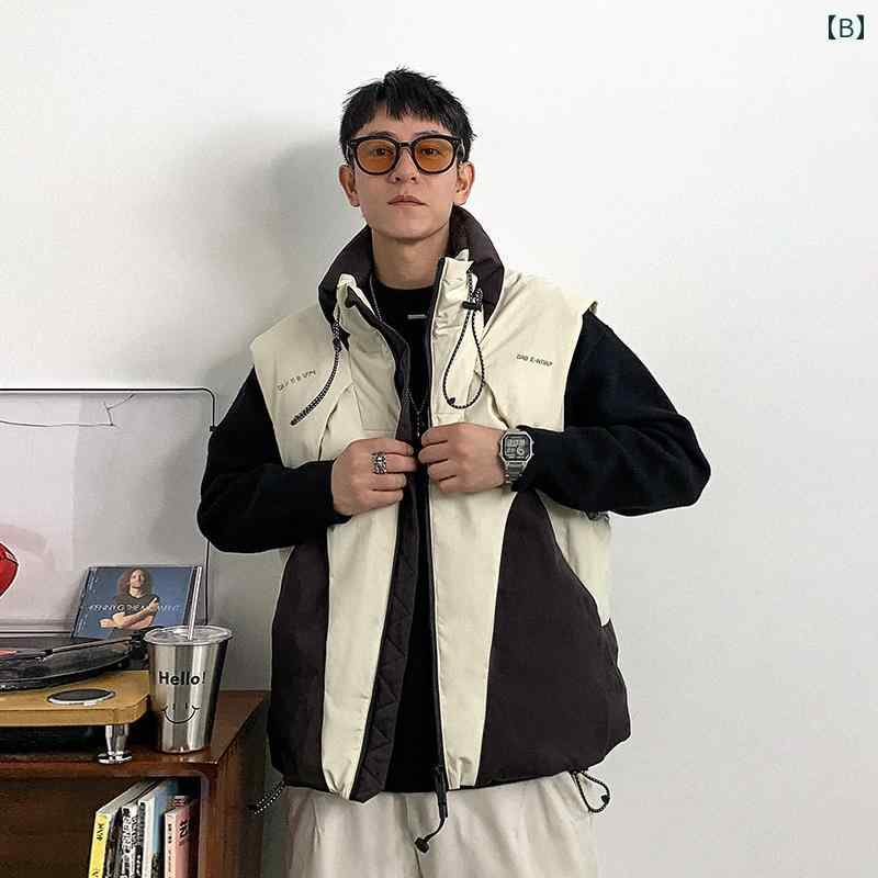 秋冬 コーデ メンズ 服 シンプル ファッション オシャレ 大人 かっこいい 大きいサイズ ストリート 紳士服 カラー ブロック スタンドカラー ダウン ベスト 暖かい ノー スリーブ ベスト ジャケット