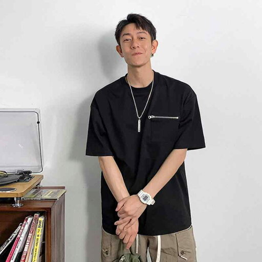 秋冬 コーデ メンズ 服 シンプル ファッション オシャレ 大人 かっこいい 大きいサイズ ストリート 紳士服 アメリカン ジッパー ポケット 半袖 T シャツ ブラック トップス 秋冬 コーデ メンズ 服 シンプル ファッション オシャレ 大人 かっこいい 大きいサイズ ストリート 紳士服 アメリカン ジッパー ポケット 半袖 T シャツ ブラック トップス