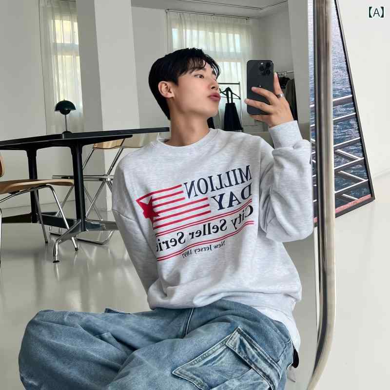 秋冬 コーデ メンズ 服 シンプル ファッション オシャレ 大人 かっこいい 大きいサイズ ストリート 紳士服 ラウンドネック シック スウェットシャツ レトロ レター プリント ヘビー アメリカン ストリート オーバー