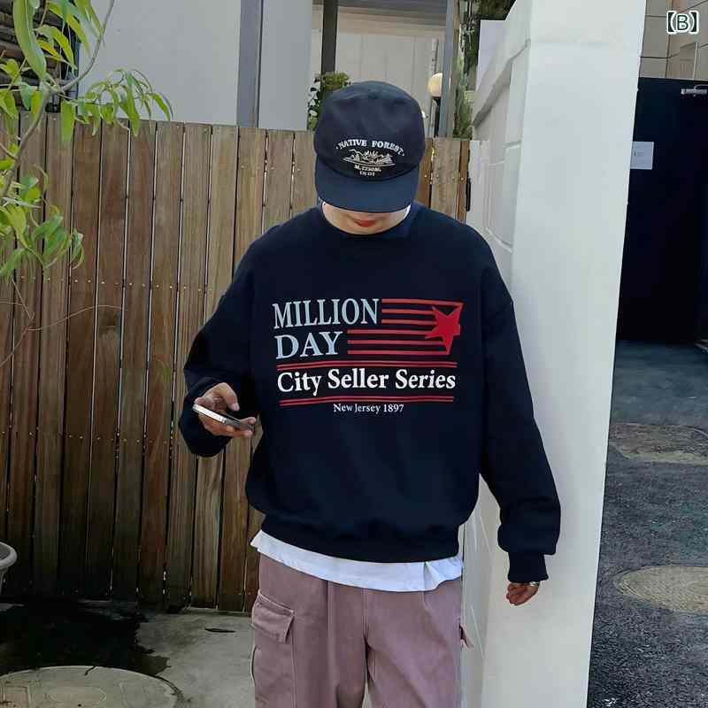 秋冬 コーデ メンズ 服 シンプル ファッション オシャレ 大人 かっこいい 大きいサイズ ストリート 紳士服 ラウンドネック シック スウェットシャツ レトロ レター プリント ヘビー アメリカン ストリート オーバー