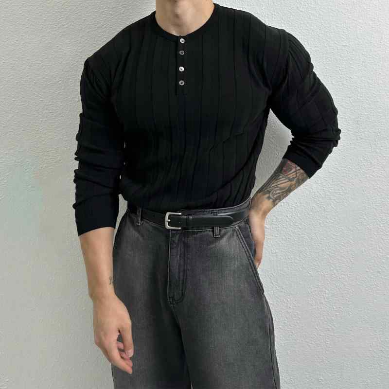 秋冬 コーデ メンズ 服 シンプル ファッション オシャレ 大人 かっこいい 大きいサイズ ストリート 紳士服 黒 ヘンリー カラー 長袖 T シャツ 韓国スタイル ライト ハイエンド カジュアル セーター