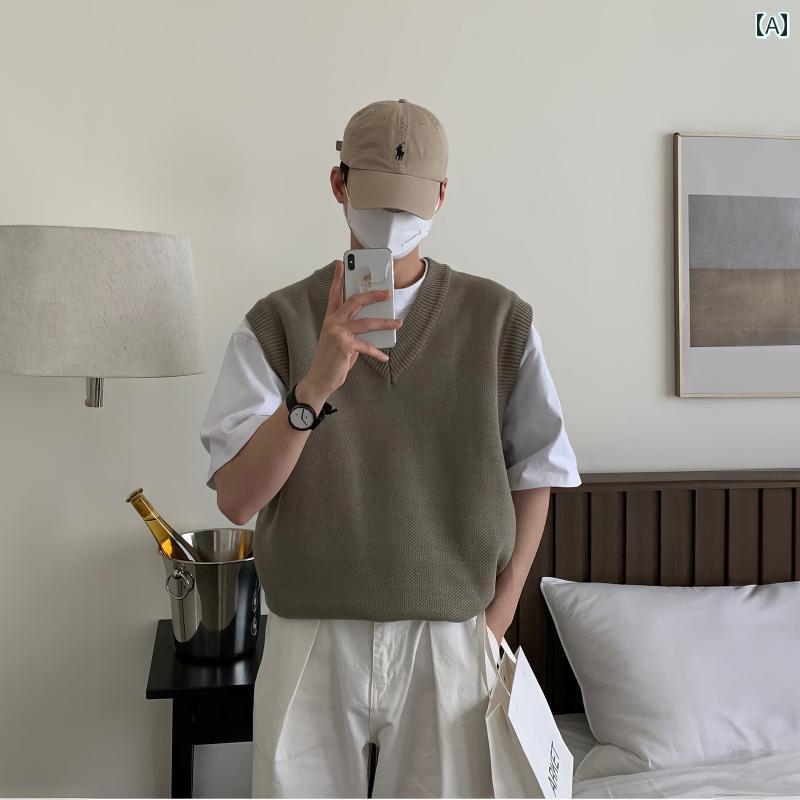 秋冬 コーデ メンズ 服 シンプル ファッション オシャレ 大人 かっこいい 大きいサイズ ストリート 紳士服 カーキ Vネック セーター フレンド ハイエンド ベスト