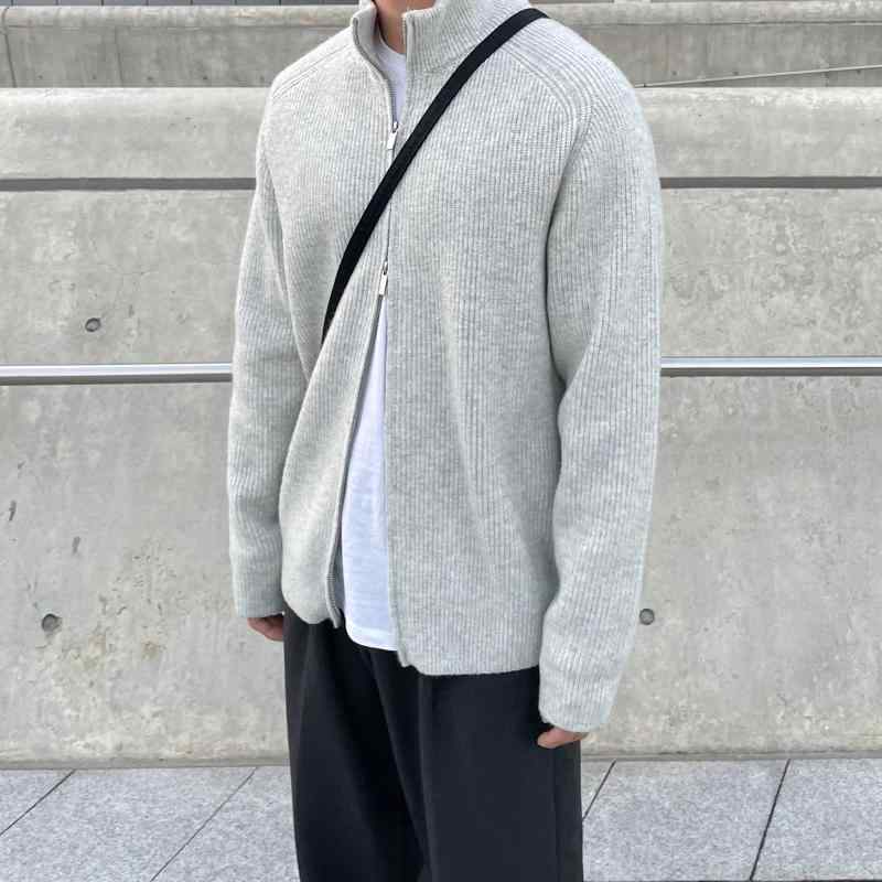 秋冬 コーデ メンズ 服 シンプル ファッション オシャレ 大人 かっこいい 大きいサイズ ストリート 紳士服 スタンドカラー ダブル ジッパー ニット カーディガン 韓国スタイル セーター ジャケット