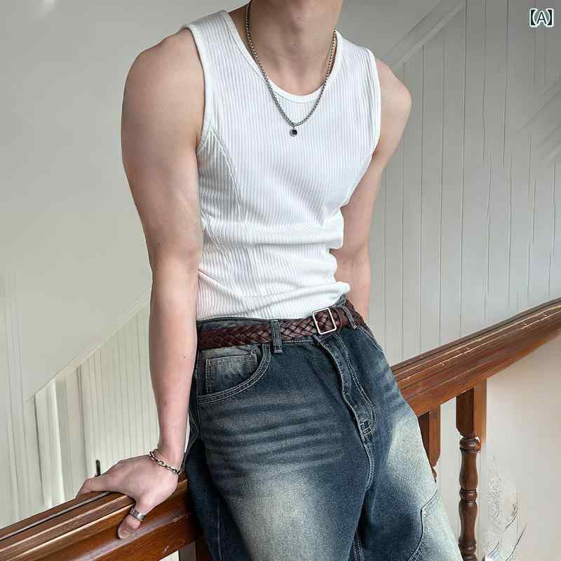 秋冬 コーデ メンズ 服 シンプル ファッション オシャレ 大人 かっこいい 大きいサイズ ストリート 紳士服 ホワイト ストレッチ スリム ノー スリーブ ベスト カーブ チョッキ T シャツ