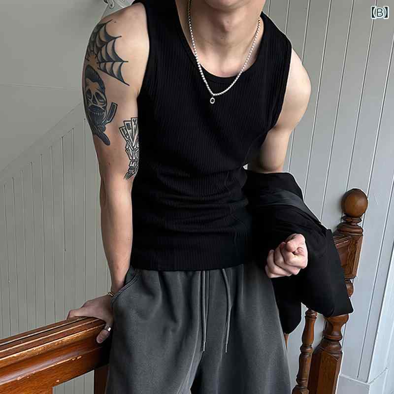 秋冬 コーデ メンズ 服 シンプル ファッション オシャレ 大人 かっこいい 大きいサイズ ストリート 紳士服 ホワイト ストレッチ スリム ノー スリーブ ベスト カーブ チョッキ T シャツ