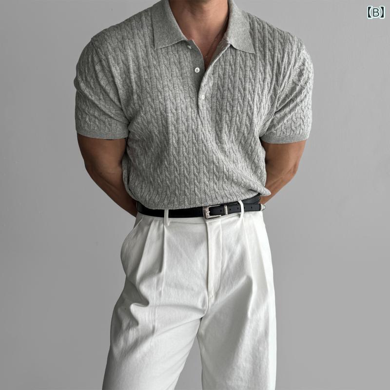 秋冬 コーデ メンズ 服 シンプル ファッション オシャレ 大人 かっこいい 大きいサイズ ストリート 紳士服 ツイスト ニット ポロシャツ カジュアル ビジネス 通勤ウェア ゆったり 半袖 T シャツ トップス