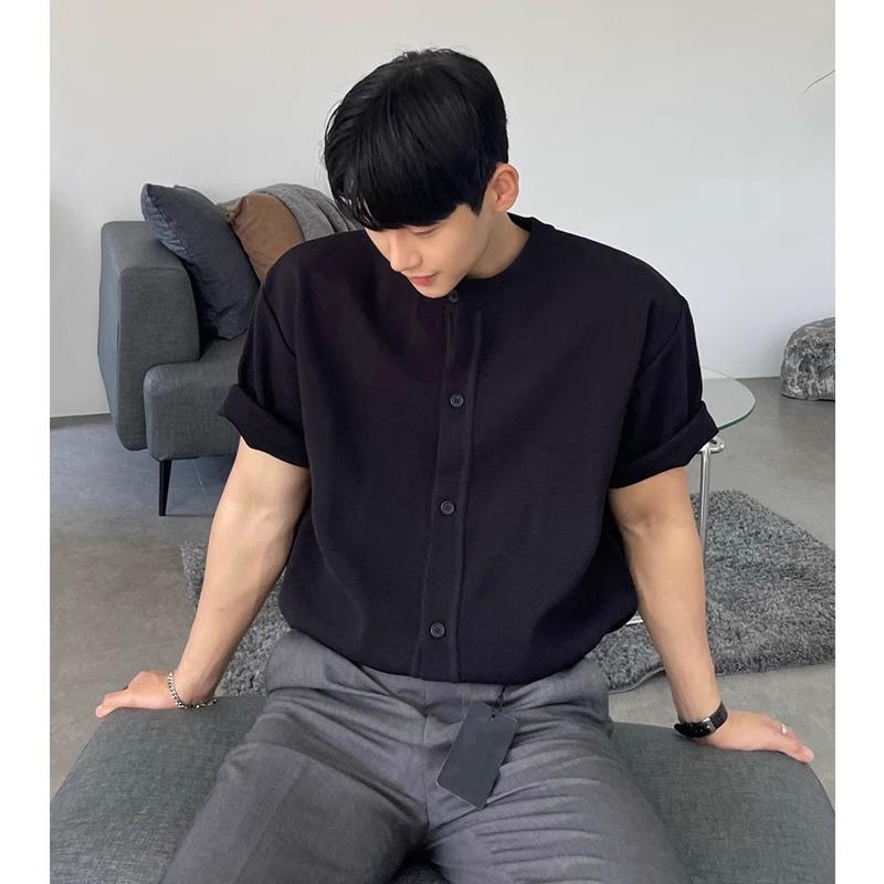 秋冬 コーデ メンズ 服 シンプル ファッション オシャレ 大人 かっこいい 大きいサイズ ストリート 紳士服 黒 半袖 ニット ラウンドネック カーディガン T シャツ 薄手 トップス