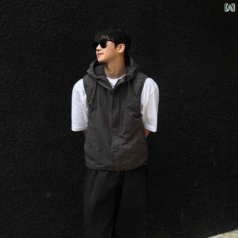 秋冬 コーデ メンズ 服 シンプル ファッション オシャレ 大人 かっこいい 大きいサイズ ストリート 紳士服 フード付き ノー スリーブ ベスト カーディガン 日焼け防止 韓国スタイル ハイエンド カジュアル ジャケット