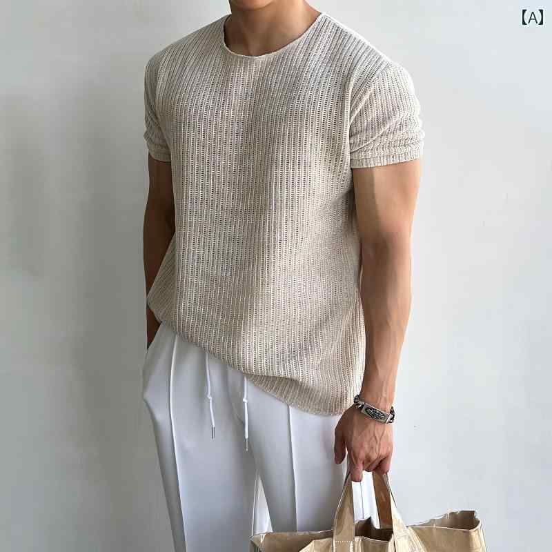 秋冬 コーデ メンズ 服 シンプル ファッション オシャレ 大人 かっこいい 大きいサイズ ストリート 紳士服 シェニール 半袖 T シャツ ラウンドネック リネンニット 通気性