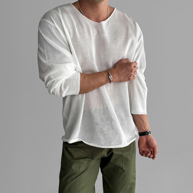 秋冬 コーデ メンズ 服 シンプル ファッション オシャレ 大人 かっこいい 大きいサイズ ストリート 紳士服 Vネック ニット 日焼け防止 長袖 T シャツ ゆったり 通気性 レトロ アメリカン トップス(4)