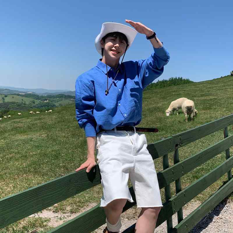 秋　冬 コーデ メンズ 服 シンプル ファッション オシャレ 大人 かっこいい 大きいサイズ ストリート 紳士服 青 綿麻 日焼け防止 長袖 ..