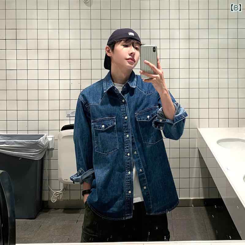 秋冬 コーデ メンズ 服 シンプル ファッション オシャレ 大人 かっこいい 大きいサイズ ストリート 紳士服 レトロ デニム 長袖 シャツ ハイエンド カジュアル ジャケット