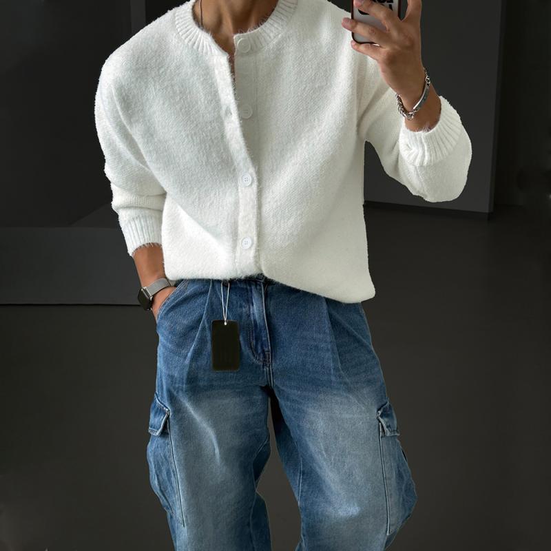 秋冬 コーデ メンズ 服 シンプル ファッション オシャレ 大人 かっこいい 大きいサイズ ストリート 紳士服 白 ラウンドネックニット カーディガン 韓国スタイル ソフト 快適 暖かい セーター ジャケット