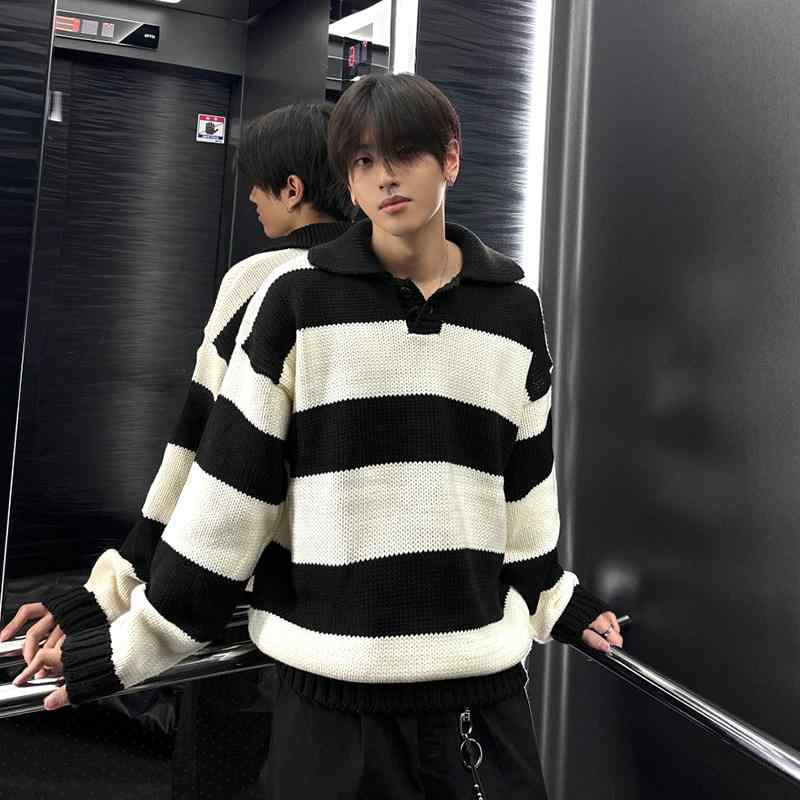 Rakuten - 秋　冬 コーデ メンズ 服 シンプル ファッション オシャレ 大人 かっこいい 大きいサイズ ストリート 紳士服 ハイエンド ストライプ ポロ セーター ニット トップス カジュアル ジャケット