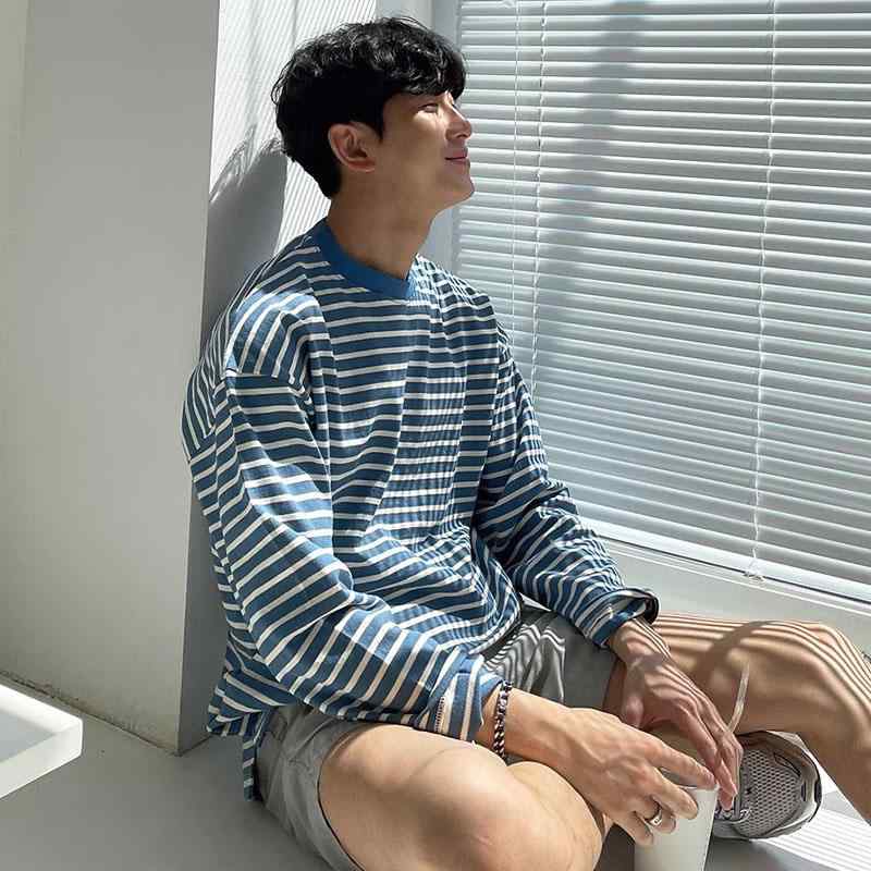 秋冬 コーデ メンズ 服 シンプル ファッション オシャレ 大人 かっこいい 大きいサイズ ストリート 紳士服 ストライプ 長袖 T シャツ 韓国スタイル フレンド シンプル