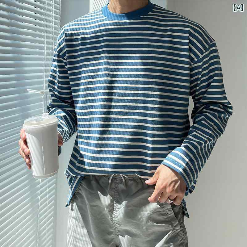 秋冬 コーデ メンズ 服 シンプル ファッション オシャレ 大人 かっこいい 大きいサイズ ストリート 紳士服 ストライプ 長袖 T シャツ 韓国スタイル フレンド シンプル