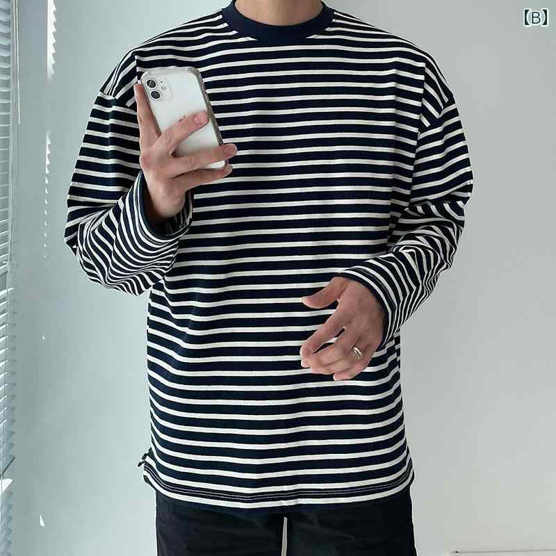 秋冬 コーデ メンズ 服 シンプル ファッション オシャレ 大人 かっこいい 大きいサイズ ストリート 紳士服 ストライプ 長袖 T シャツ 韓国スタイル フレンド シンプル