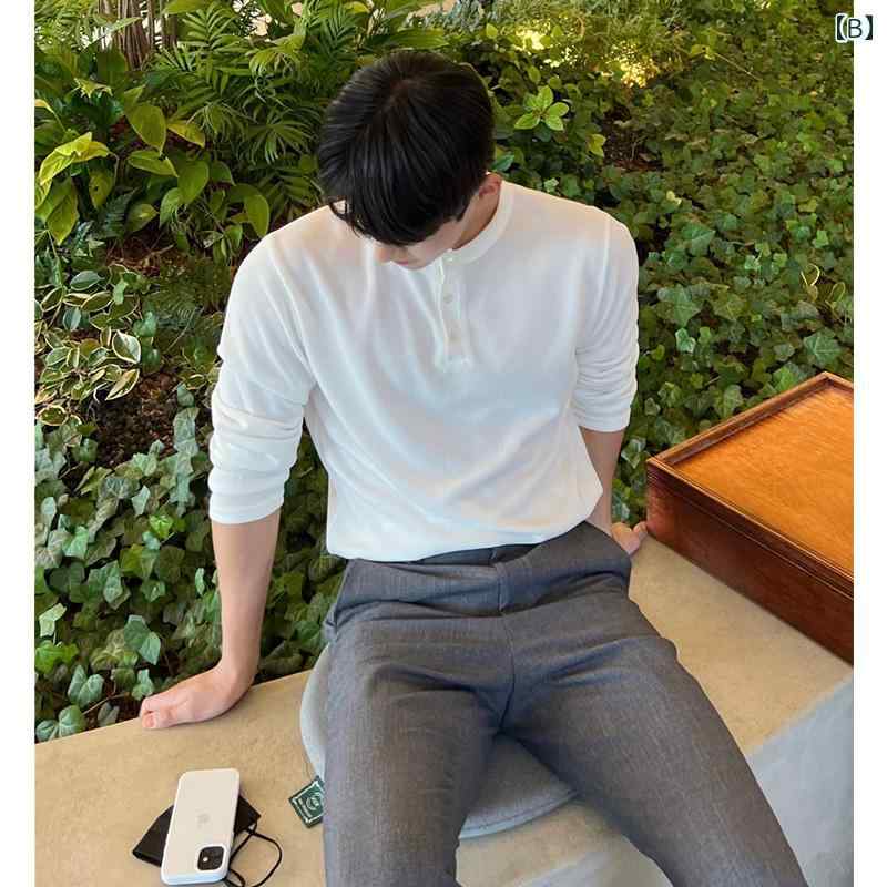 秋冬 コーデ メンズ 服 シンプル ファッション オシャレ 大人 かっこいい 大きいサイズ ストリート 紳士服 ヘンリー カラー 長袖 T シャツ 韓国スタイル レトロ 快適