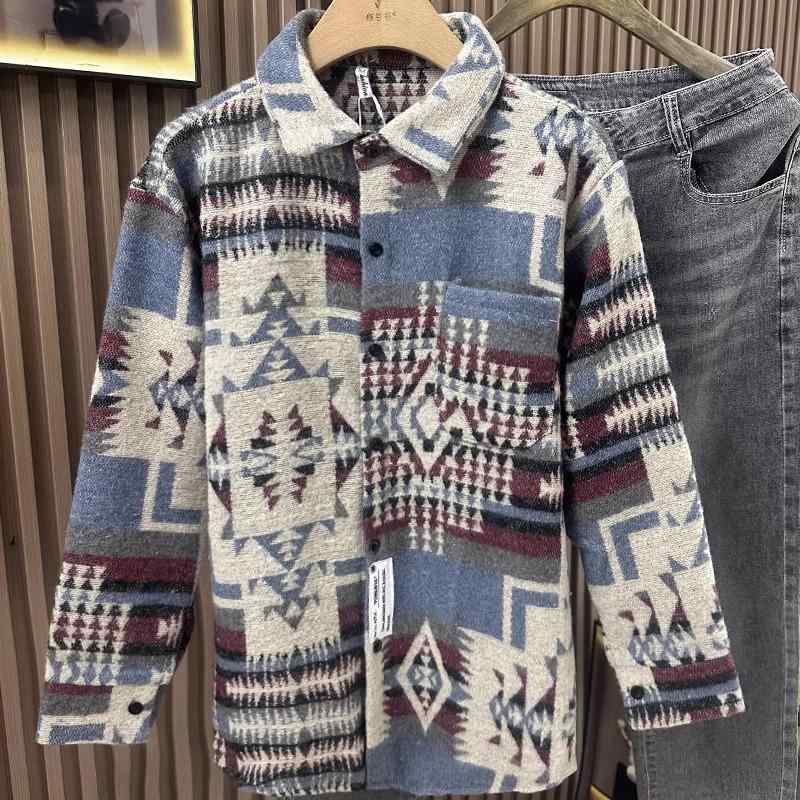 秋冬 コーデ メンズ 服 シンプル ファッション オシャレ 大人 かっこいい 大きいサイズ ストリート 紳士服 レトロ シャツ エスニック 長袖 シャツ ジャケ...