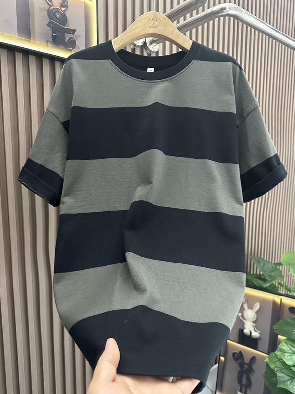 秋冬 コーデ メンズ 服 シンプル ファッション オシャレ 大人 かっこいい 大きいサイズ ストリート 紳士服 ストライプ 半袖 レトロ シャツ ラウンドネック T トップス