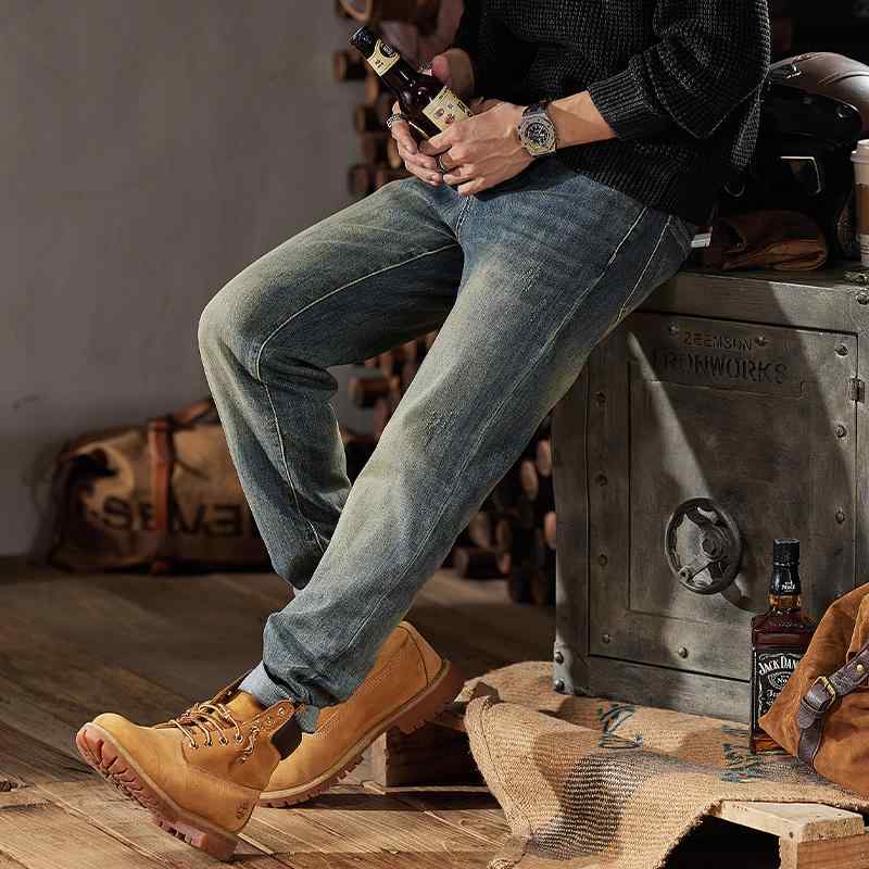 秋冬 コーデ メンズ 服 シンプル ファッション オシャレ 大人 かっこいい 大きいサイズ ストリート 紳士服 レトロ ブルー ジーンズ ベルベット パンツ ハイエンド カジュアル ウォッシュ