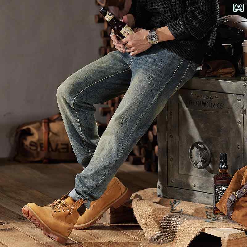 秋冬 コーデ メンズ 服 シンプル ファッション オシャレ 大人 かっこいい 大きいサイズ ストリート 紳士服 レトロ ブルー ジーンズ ベルベット パンツ ハイエンド カジュアル ウォッシュ