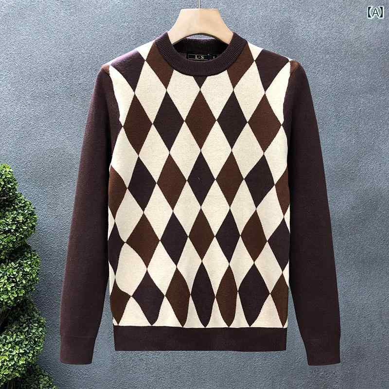 秋冬 コーデ メンズ 服 シンプル ファッション オシャレ 大人 かっこいい 大きいサイズ ストリート 紳士服 ライト ハイエンド チェック セーター スリム シャツ