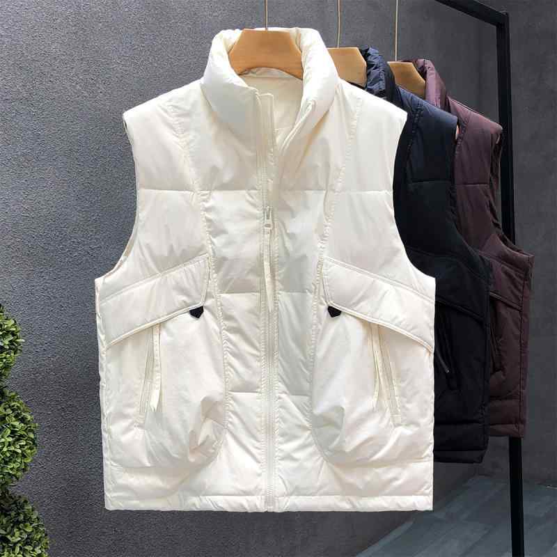 秋冬 コーデ メンズ 服 シンプル ファッション オシャレ 大人 かっこいい 大きいサイズ ストリート 紳士服 洋風 ホワイト ダウン ベスト ノー スリーブ アウターベスト ジャケット チョッキ