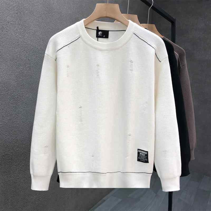 秋冬 コーデ メンズ 服 シンプル ファッション オシャレ 大人 かっこいい 大きいサイズ ストリート 紳士服 スクラッチ ホワイト セーター ラウンドネック インナー トップス