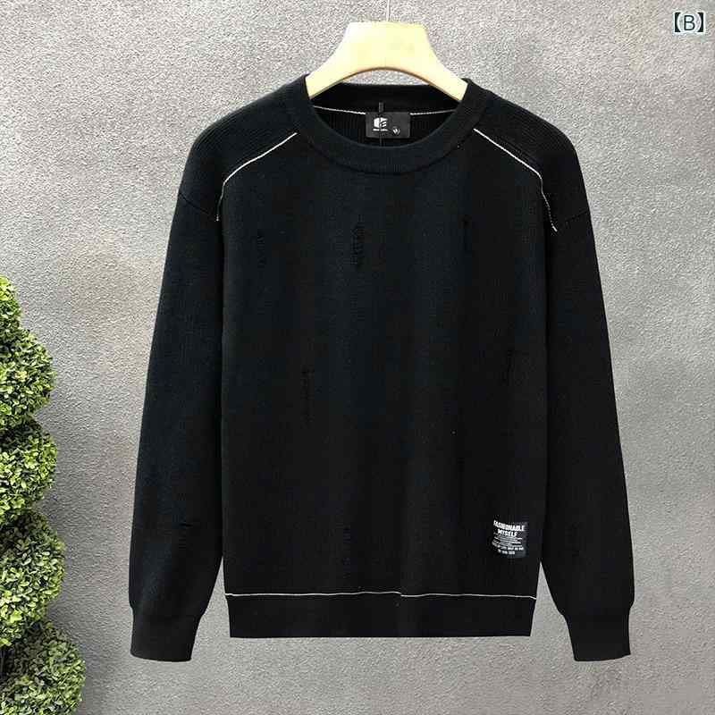 秋冬 コーデ メンズ 服 シンプル ファッション オシャレ 大人 かっこいい 大きいサイズ ストリート 紳士服 スクラッチ ホワイト セーター ラウンドネック インナー トップス