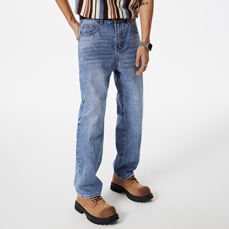 秋冬 コーデ メンズ 服 シンプル ファッション オシャレ 大人 かっこいい 大きいサイズ ストリート 紳士服 フライド サンド ウォッシュ加工 ベーシック テーパード パンツ 320 グラム アイス ストレート ジーンズ