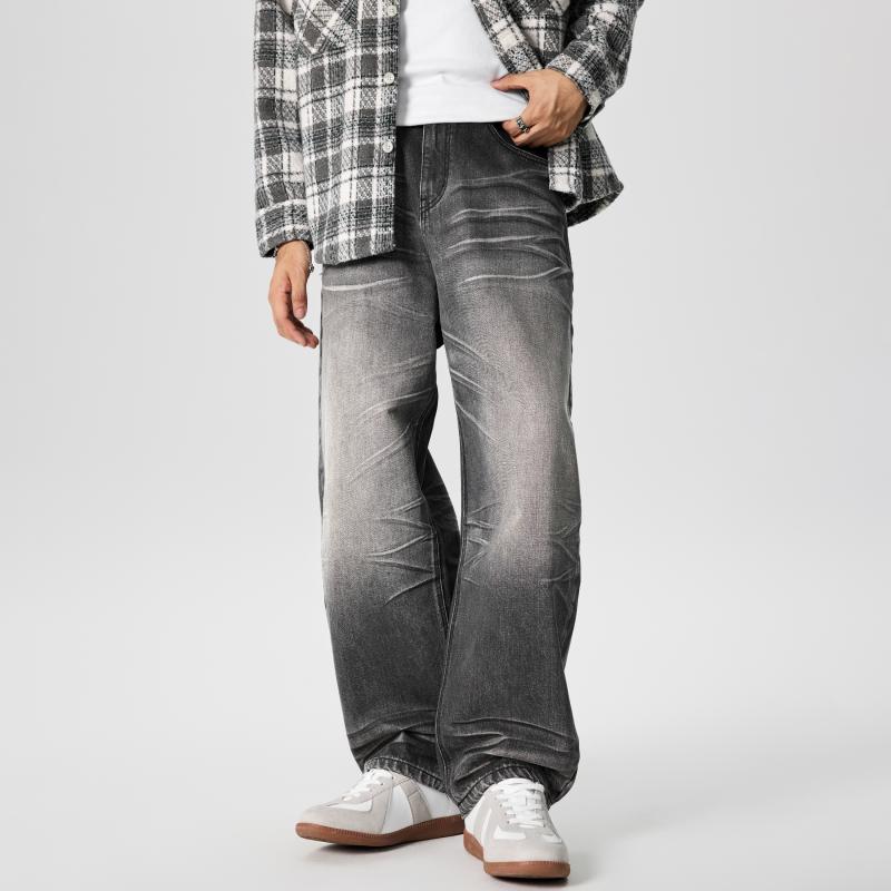 秋冬 コーデ メンズ 服 シンプル ファッション オシャレ 大人 かっこいい 大きいサイズ ストリート 紳士服 レトロ ダメージ加工 カジュアル パンツ マッチ ワイド レッグ ジーンズ