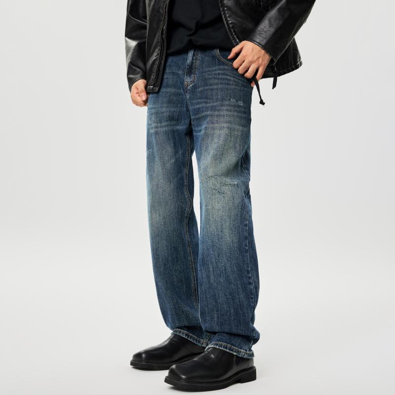 秋冬 コーデ メンズ 服 シンプル ファッション オシャレ 大人 かっこいい 大きいサイズ ストリート 紳士服 レトロ カジュアル パンツ ダメージ加工 ライト ストレート ジーンズ(4)