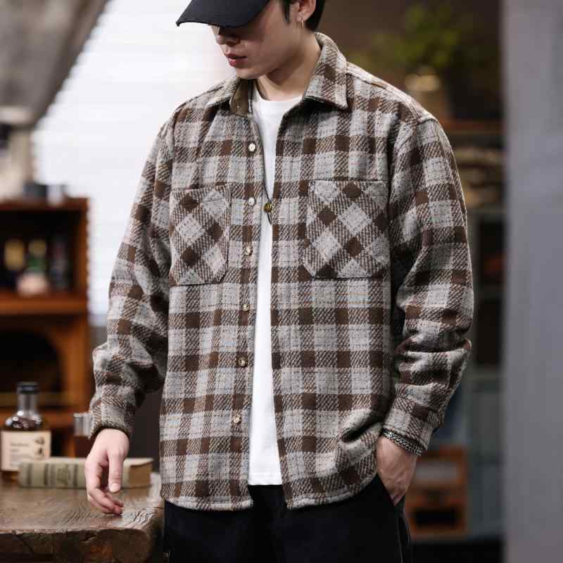秋冬 コーデ メンズ 服 シンプル ファッション オシャレ 大人 かっこいい 大きいサイズ ストリート 紳士服 チェック柄 シャツ ジャケット アメリカン レトロ 通勤ウェア ワークウェア カジュアル 厚手 長袖
