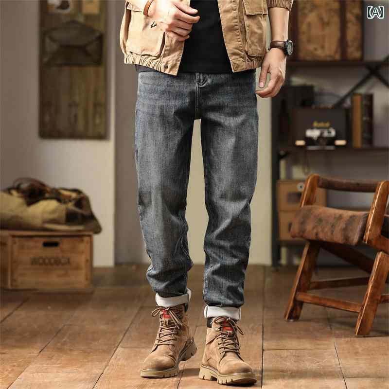 秋冬 コーデ メンズ 服 シンプル ファッション オシャレ 大人 かっこいい 大きいサイズ ストリート 紳士服 綿 ストレッチ ジーンズ アメリカン レトロ テーパードストレート パンツ