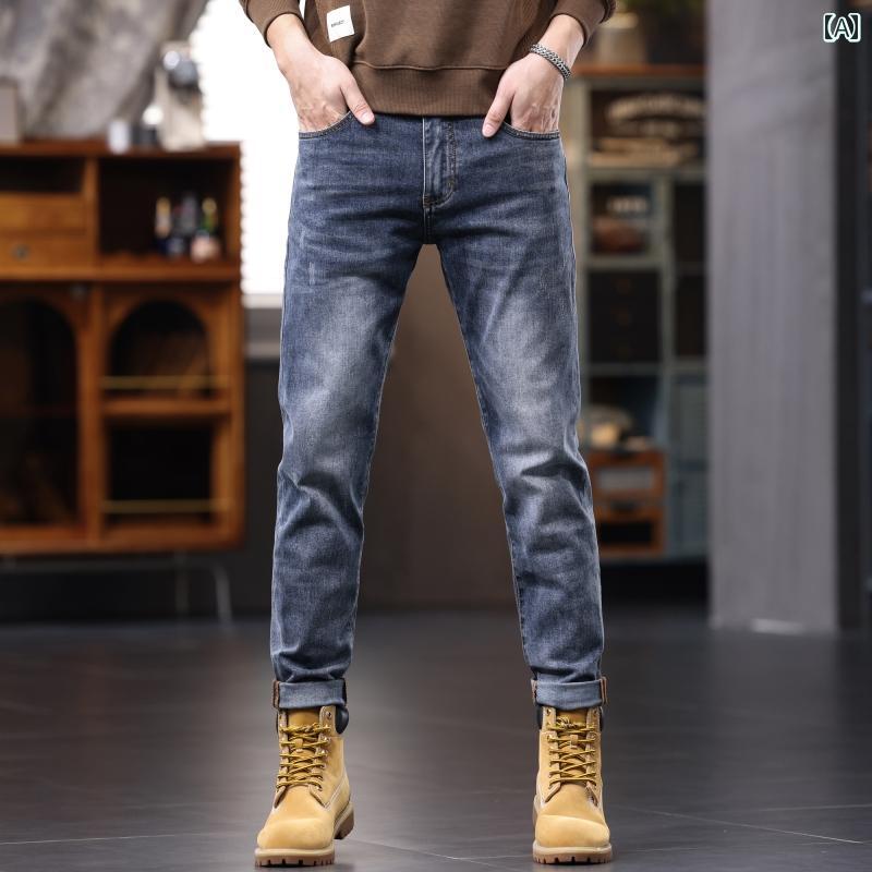 秋冬 コーデ メンズ 服 シンプル ファッション オシャレ 大人 かっこいい 大きいサイズ ストリート 紳士服 ジーンズ スリム ストレート パンツ アメリカン レトロ ウォッシュ