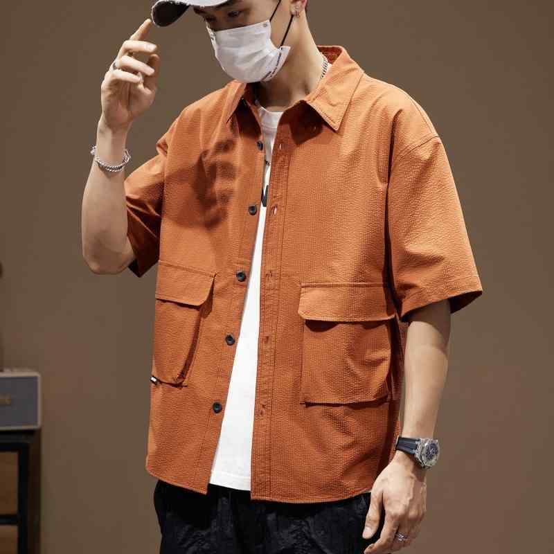 秋冬 コーデ メンズ 服 シンプル ファッション オシャレ 大人 かっこいい 大きいサイズ ストリート 紳士服 ハイエンド オレンジ 半袖 シャツ 薄手 カーディガン ジャケット